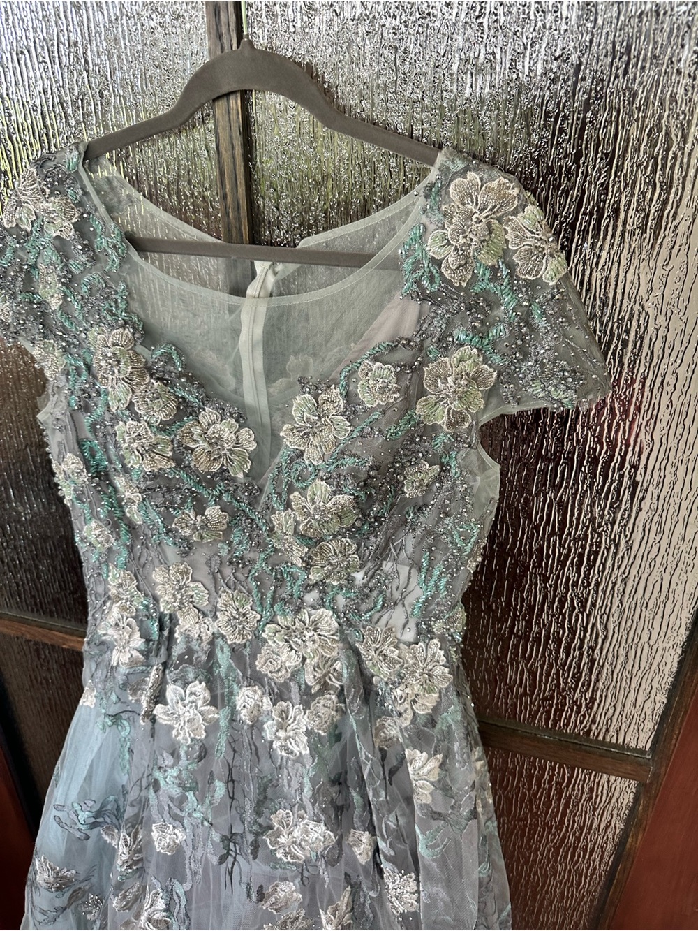 Mac Duggal Steel Blue and Silver Floral Embroidered Maxi Gown - Picture 9 of 14